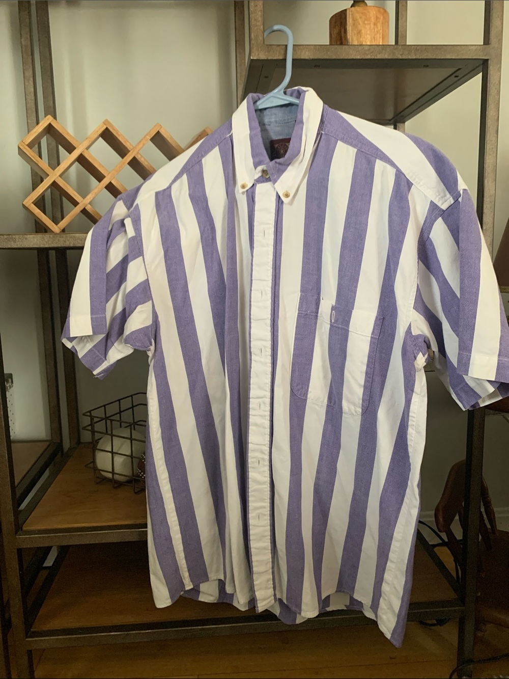 Haggar Blue and White Vertical Stripe Short-Sleeve Button-Down Shirt